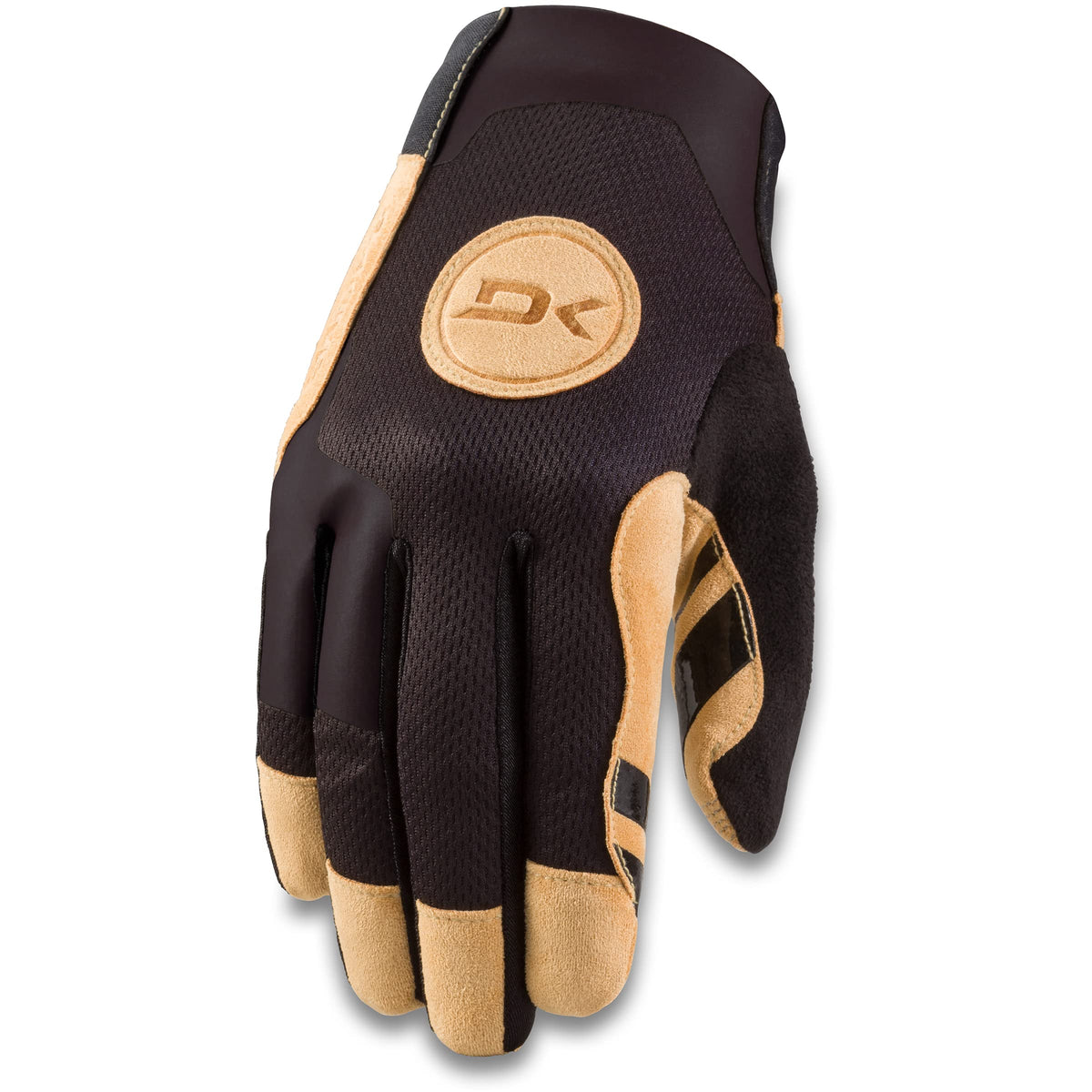 Dakine Covert bike glove for men, dark fabric with tan DK logo and padded fingers