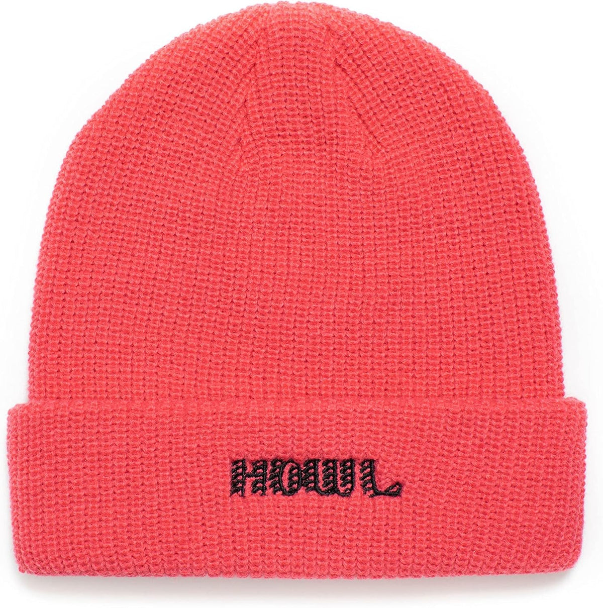 Pink knit beanie with ribbed cuff and HOWL logo patch