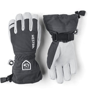 Kids waterproof ski gloves, dark gray outer with white palms and adjustable cuff