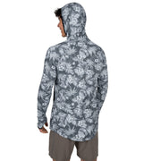 Mens hooded sun shirt in gray floral and palm print, side view