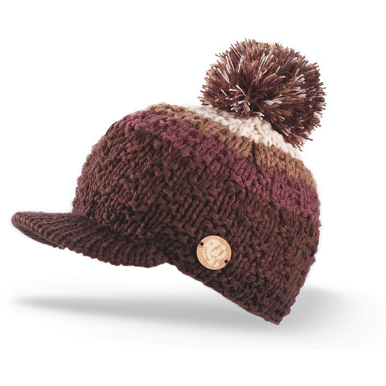 Dakine Kayla brown knit beanie with side pom-pom and tan logo patch