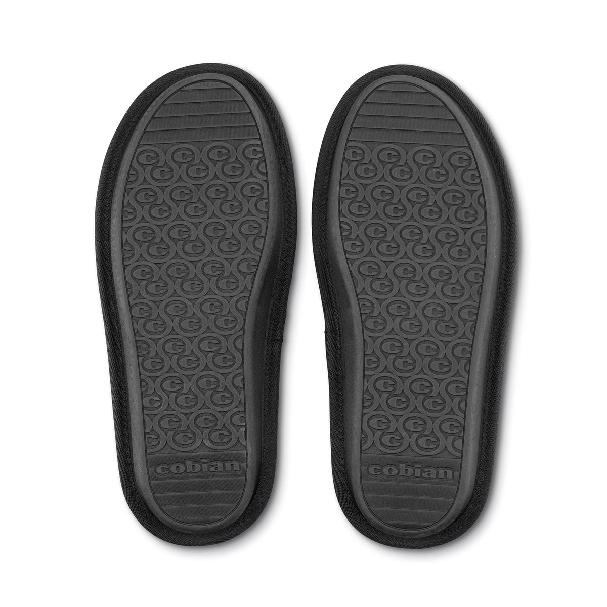 Black rubber outsoles with textured tread and embossed swirl pattern