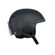 Graphite snow helmet with chin strap and side safety vent, matte finish.