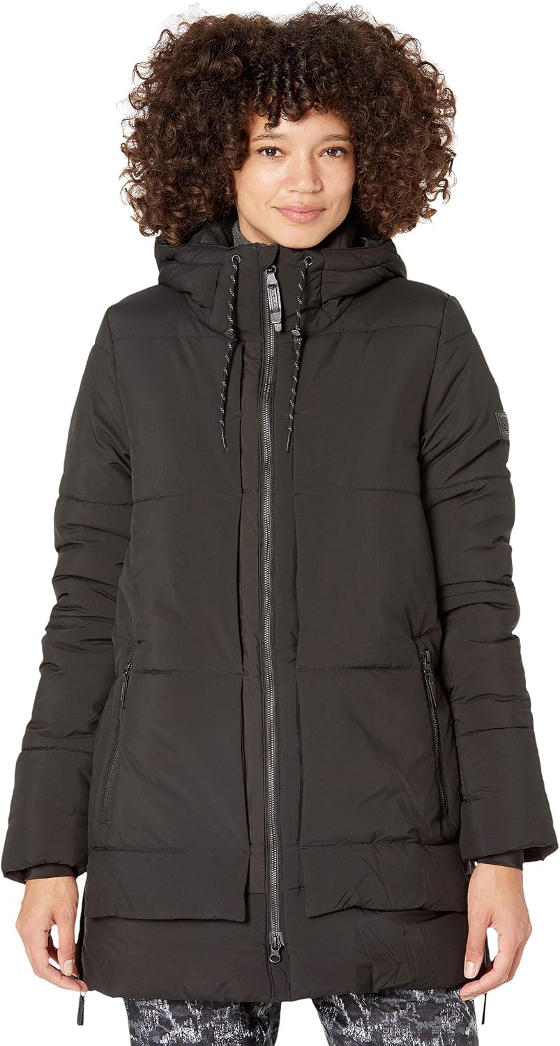 O'Neill Azurite snow jacket for women, black hooded puffer with full zip