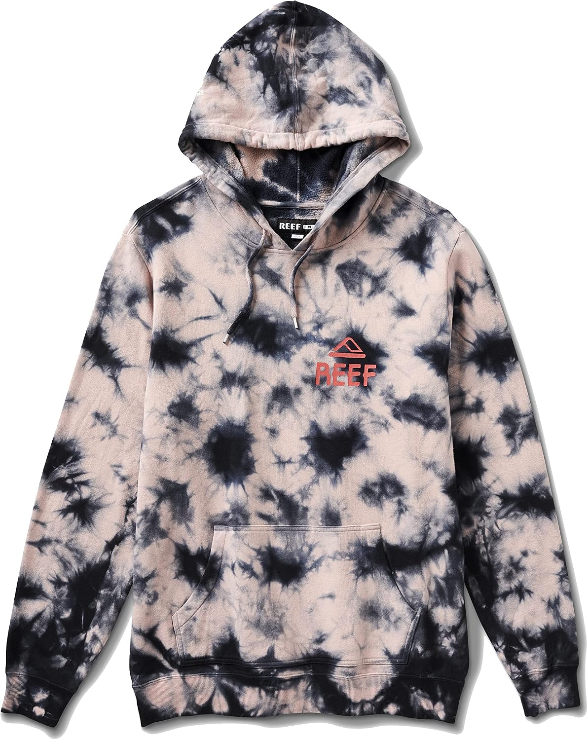 Men's tie-dye fleece hoodie with hood, kangaroo pocket, and REEF chest logo