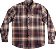 Men's plaid flannel long-sleeve shirt, button front, chest pockets, dark multicolor