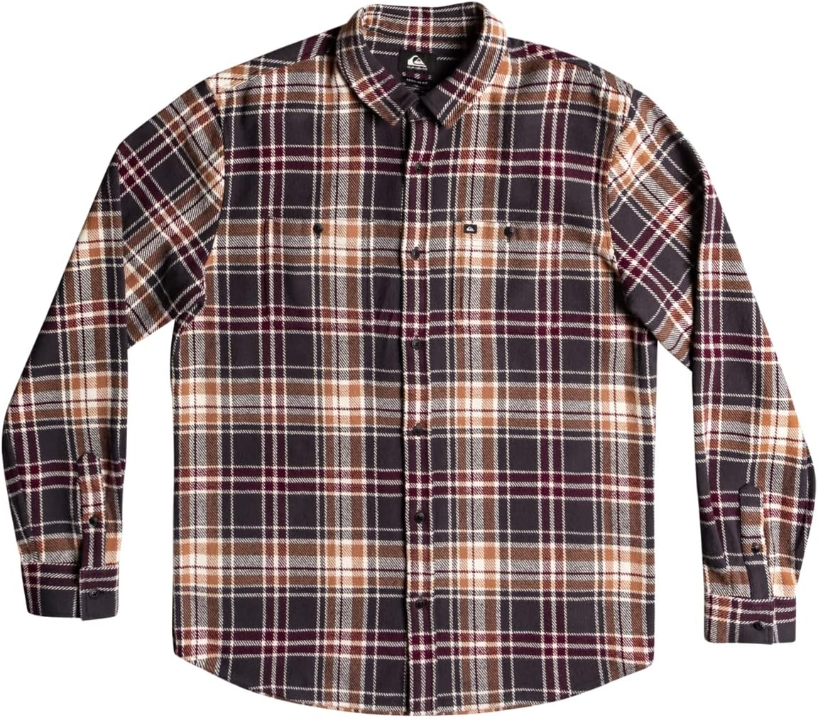 Men's plaid flannel long-sleeve shirt, button front, chest pockets, dark multicolor