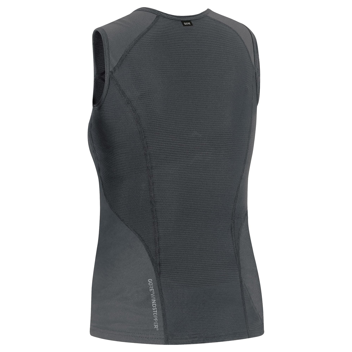 Women's dark sleeveless base layer top, back view with stitched seams