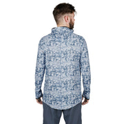 Mens hooded sun shirt with blue speckled camo print, back view
