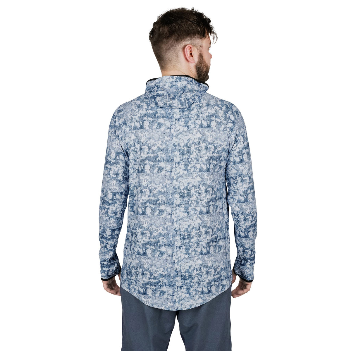 Mens hooded sun shirt with blue speckled camo print, back view