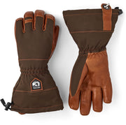 Pair of five-finger gauntlet gloves: dark olive cuffs with brown leather palms.