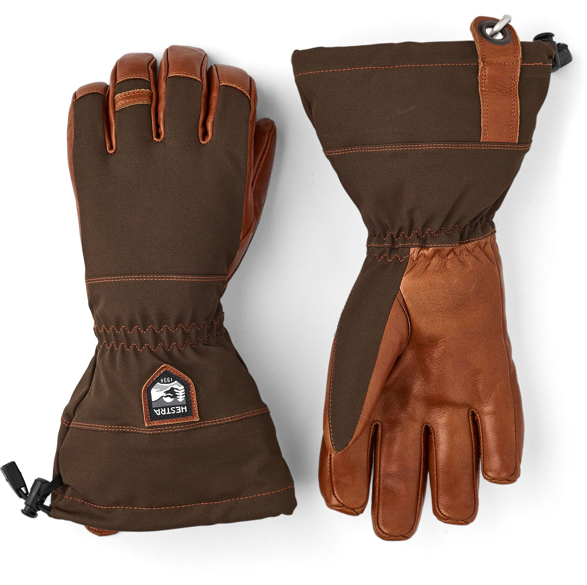 Pair of five-finger gauntlet gloves: dark olive cuffs with brown leather palms.