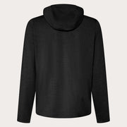 Men's black heather zip-up hoodie back view with adjustable hood