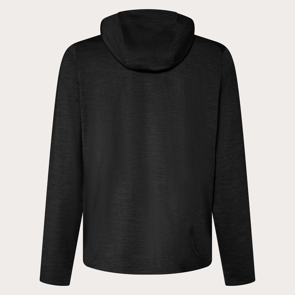 Men's black heather zip-up hoodie back view with adjustable hood