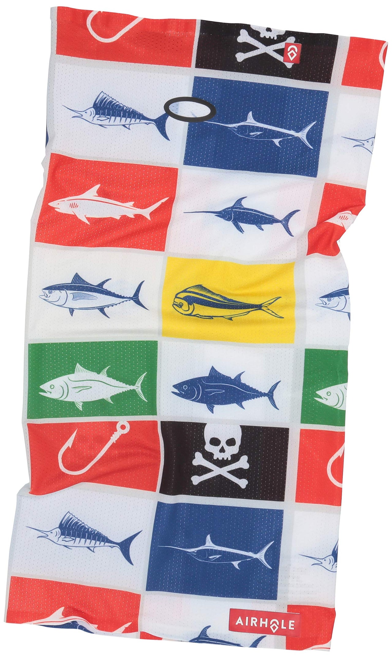 Airhole Airtube tube scarf with red, blue, and fish pattern panels