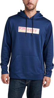 Men's tech fleece hoodie in dark blue with front kangaroo pocket, hood, drawstrings.