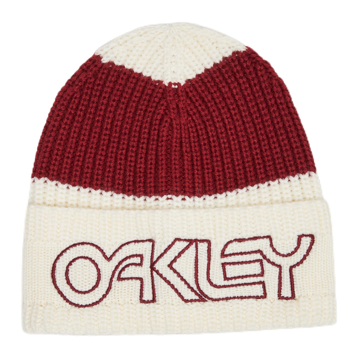 Knit beanie with cream/dark red stripes, ribbed cuff, and 'Oakley' logo
