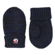 Dark navy knit baby mittens with ribbed cuff and logo patch