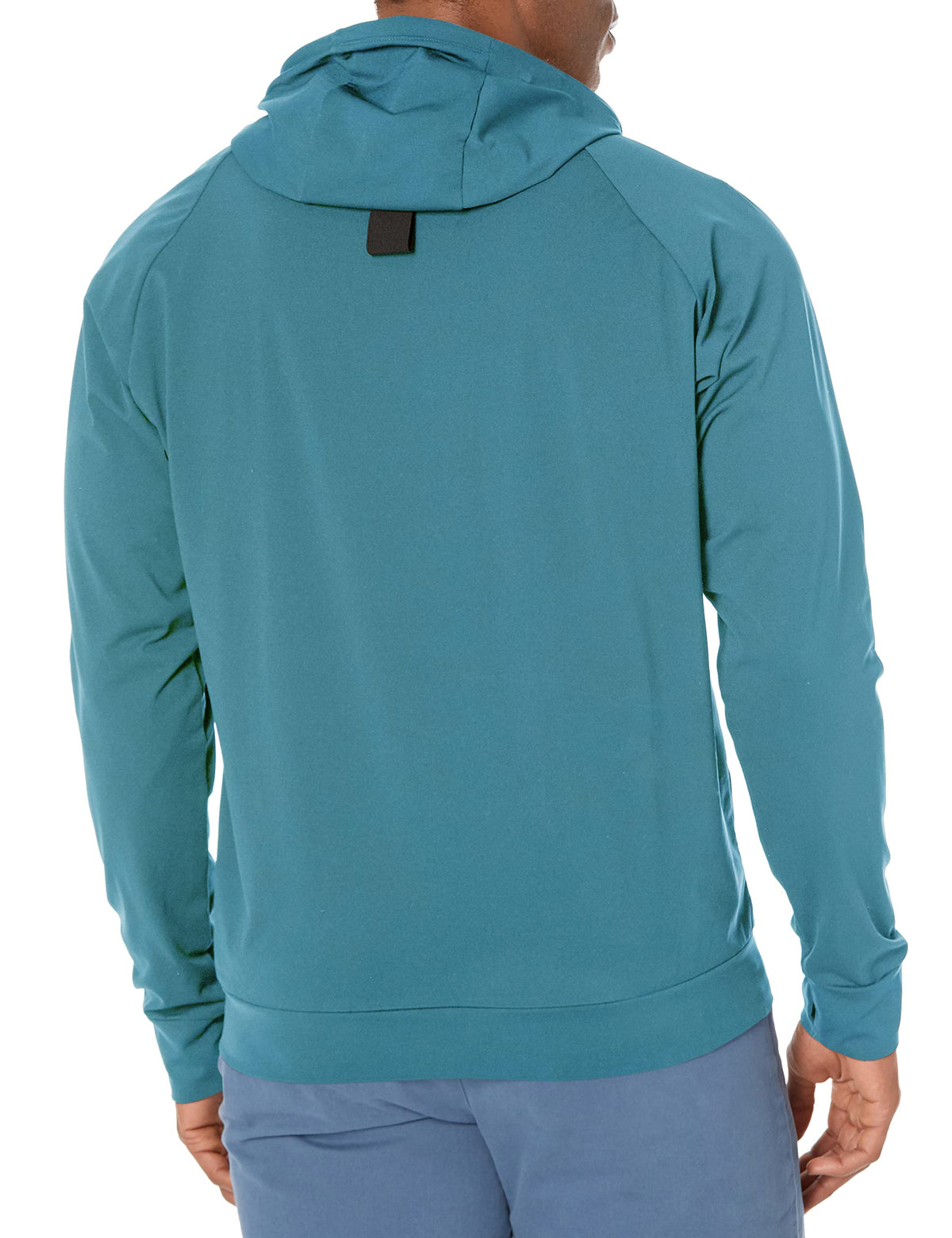 Men's teal hooded pullover with adjustable black neck strap and yellow logo