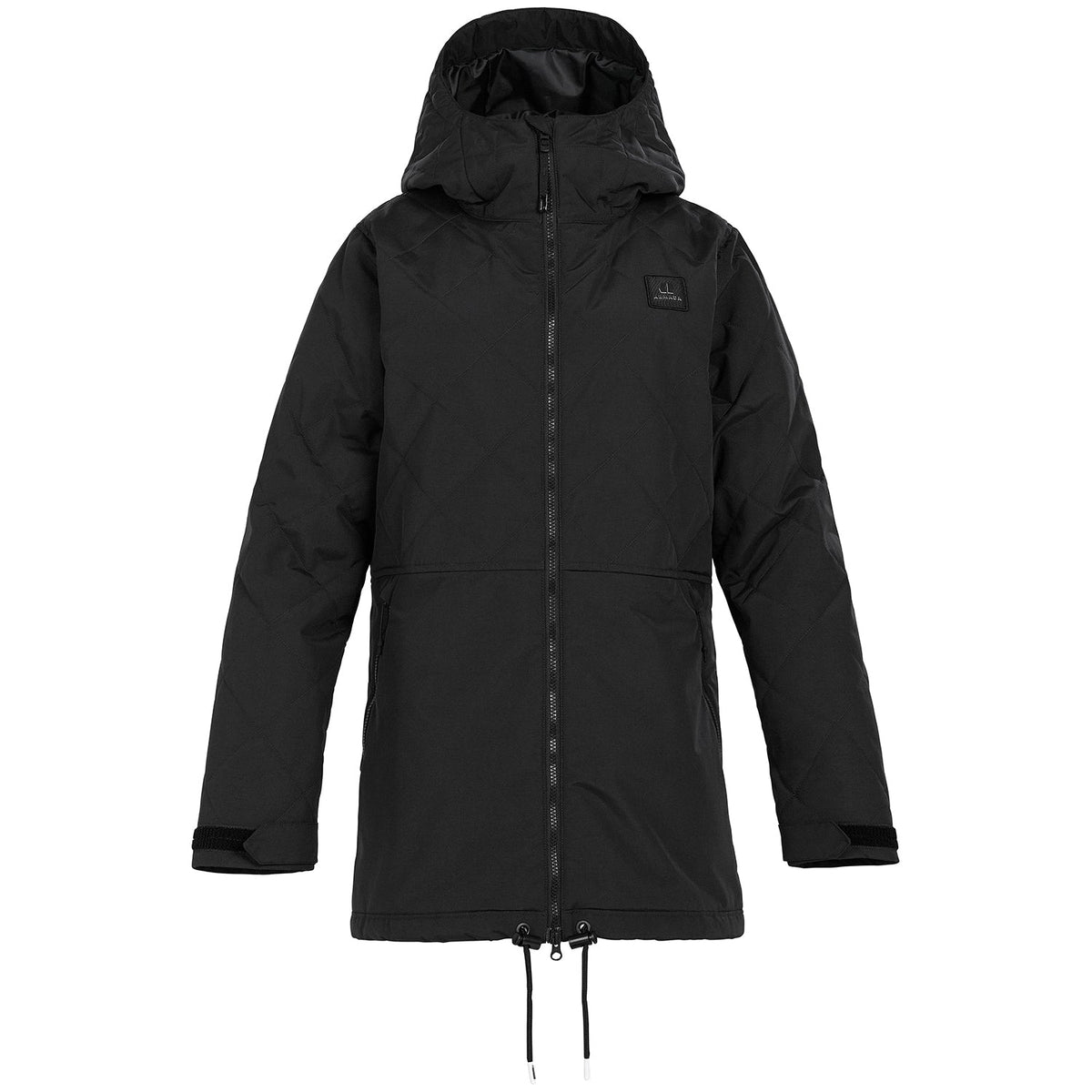 Women's black insulated hooded jacket with full zip and drawcord hem