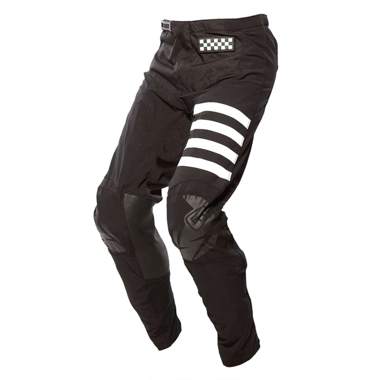 Black motocross pants with checker patch and white stripe graphics on leg