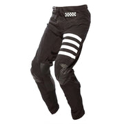 Black motocross pants with checker patch and white stripe graphics on leg