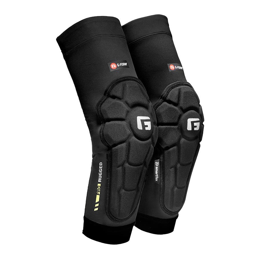 Black molded elbow guards with protective knuckle armor and compression sleeve