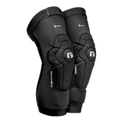 Black padded knee guards with hard-shell protection and straps