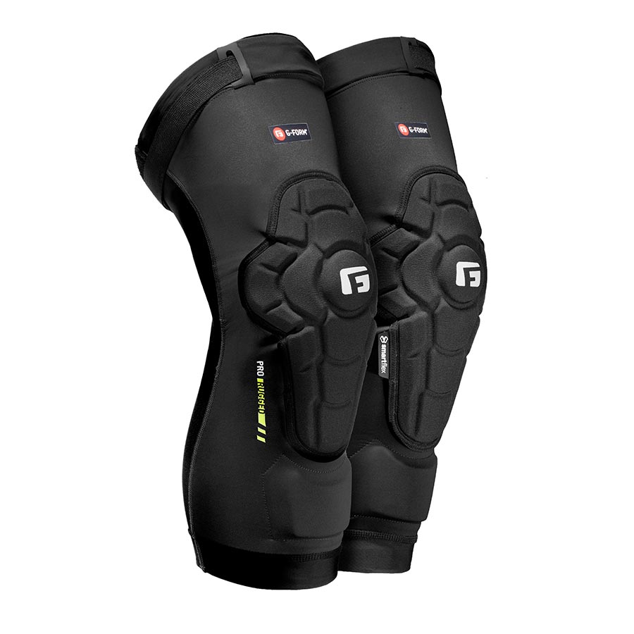 Black padded knee guards with hard-shell protection and straps