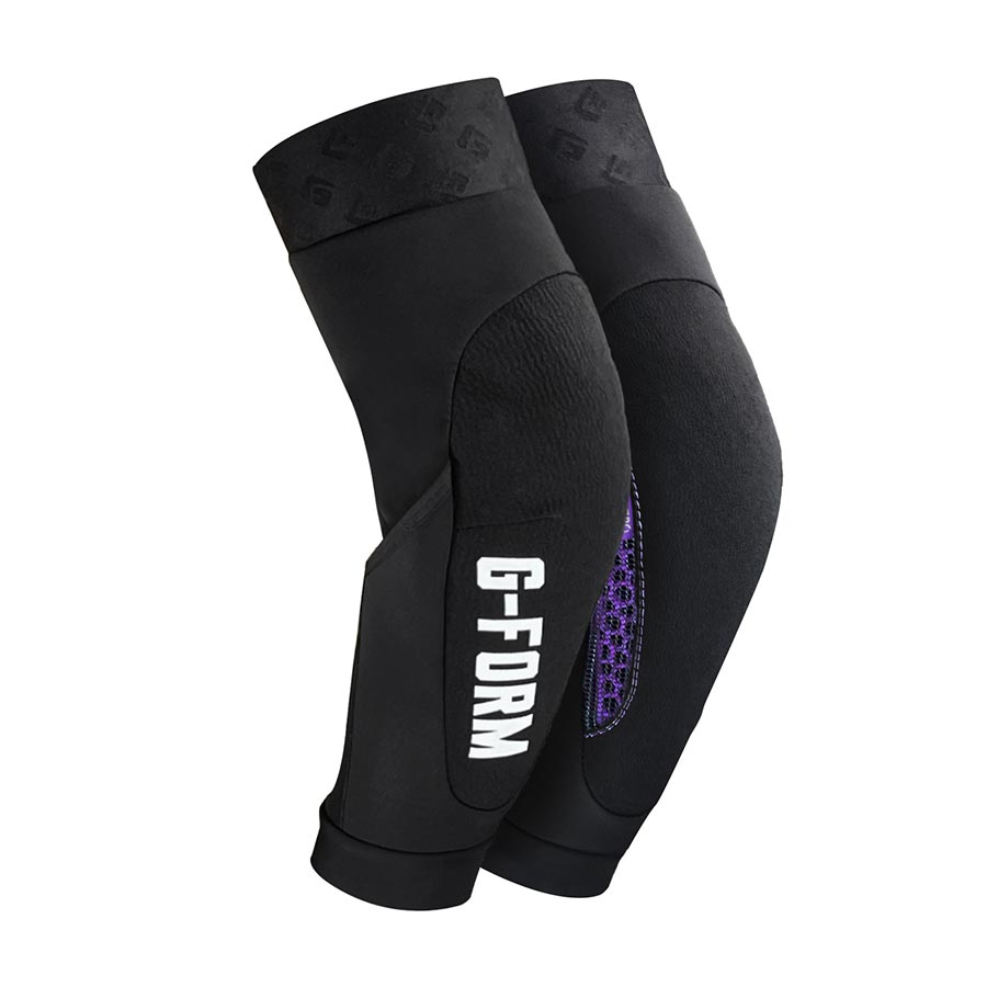 Black elbow guards with G-Form logo and purple trim