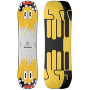 Youth minishred snowboard with yellow flame graphics on white and black base
