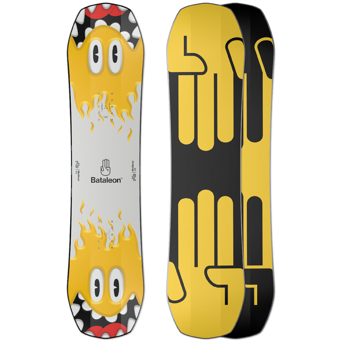 Youth minishred snowboard with yellow flame graphics on white and black base