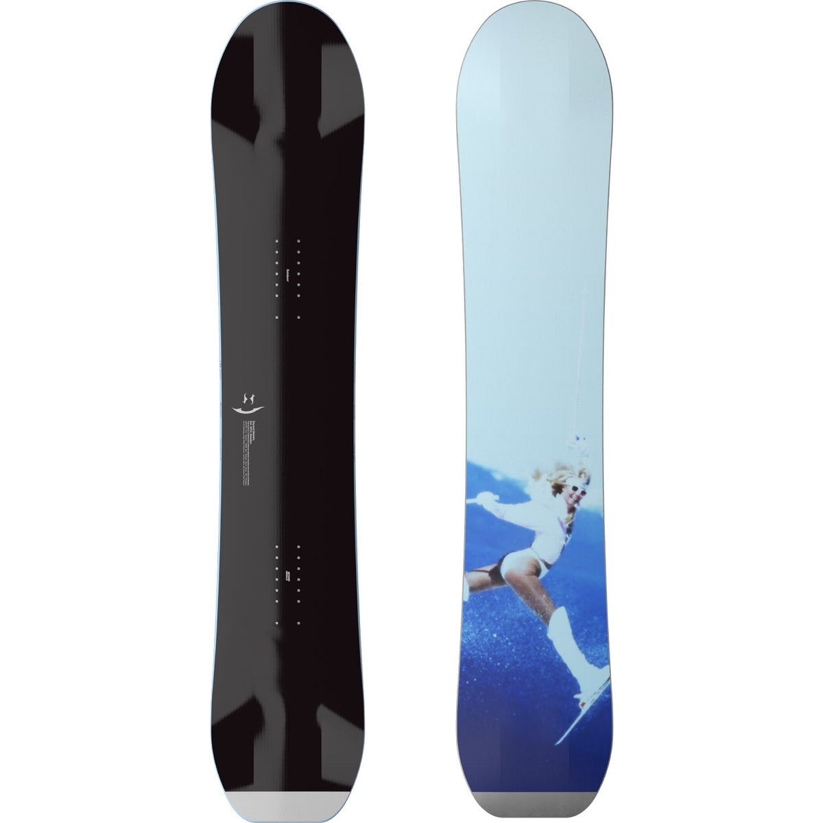 Snowboard pair with black and light blue graphic topsheet
