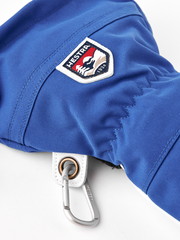 Royal blue ski glove with Hestra patch and metal loop on the cuff