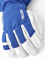 Blue and white ski gloves with padded fingers and curved hand seam