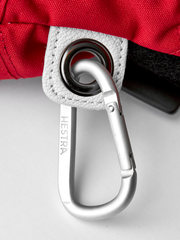 Red and white ski mitten wrist strap with metal carabiner