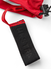 Red ski mitten wrist strap with black fabric panel and black plastic clip