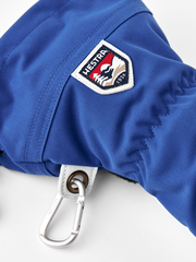 Royal blue Hestra ski glove with logo patch and metal carabiner-style clip