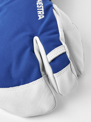 3-finger ski gloves in blue with white leather palms and padded mitten-style fingers.