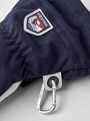 Navy 3-finger ski glove with logo patch, stitched seams, and metal carabiner