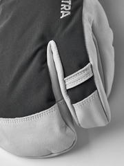 3-finger ski gloves in dark grey with white leather palm panel and stitched trim.