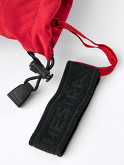 Hestra Army Leather Heli Ski 3-finger gloves in red with black wrist strap and cord