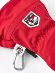 Red Hestra leather ski glove, 3-finger design, logo patch and metal clip detail
