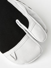 Three-finger leather patrol gloves with black back panel and white fingers, stitched seams
