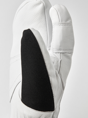 White 3-finger leather glove with black inner panel detail and stitched thumb