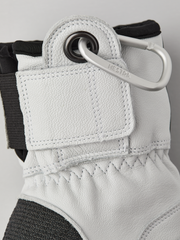 White 3-finger leather glove close-up with metal ring and reinforced wrist strap