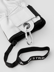 White leather patrol gloves with black strap and metal carabiner attachment.