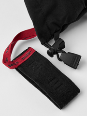 Women’s ski gloves with black wrist strap and red printed webbing