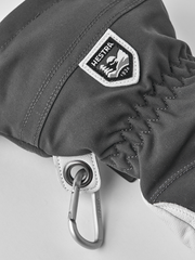 Women’s ski gloves in dark gray with Hestra patch and metal carabiner