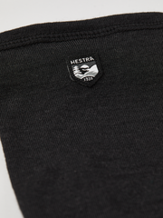 Black merino wool long glove liners, ribbed cuff and brand patch on back
